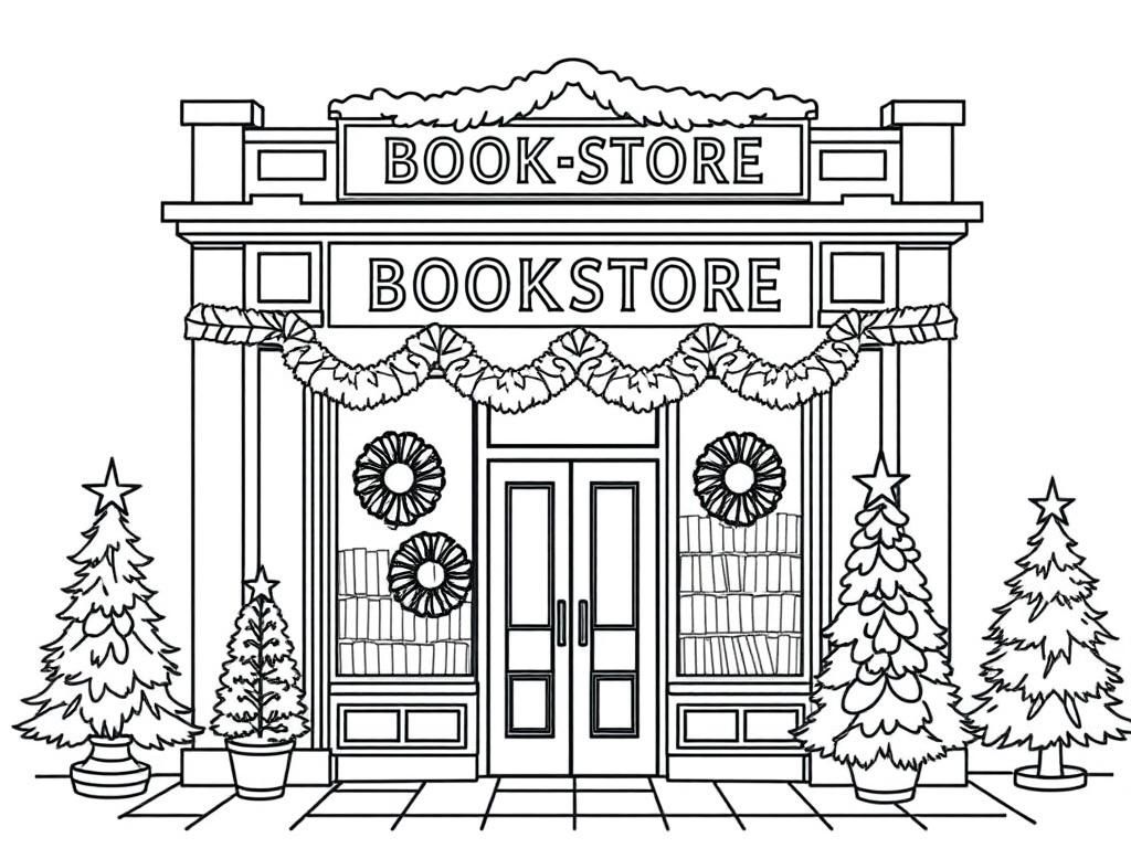the outside of a BOOKSTORE decorated for the christmas holidays with wreaths and pine trees and it should look cozy - Free Printable Coloring Page