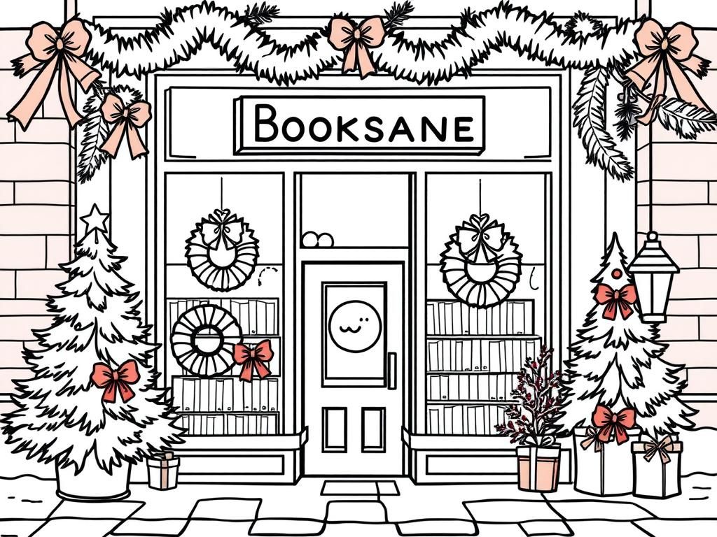 the outside of a bookstore decorated for the christmas holidays with wreaths and pine trees and it should look cozy