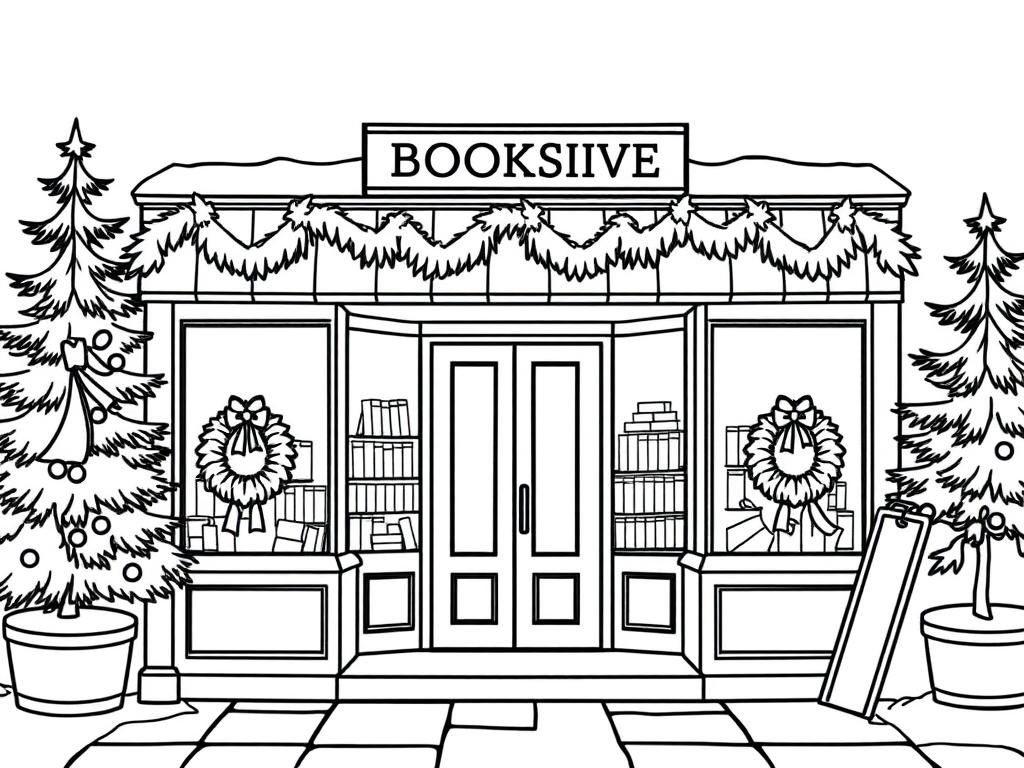 the outside of a bookstore decorated for the christmas holidays with wreaths and pine trees and it should look cozy - Free Printable Coloring Page