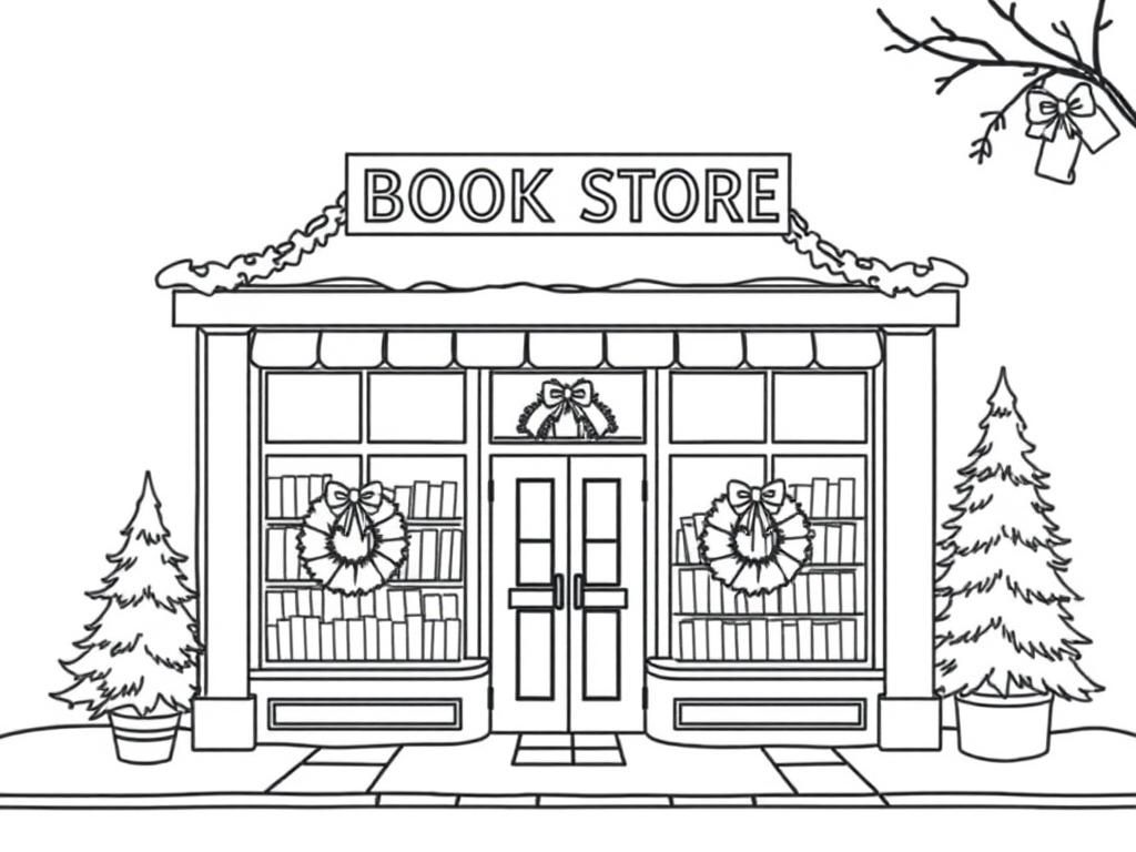 the outside of a Bookstore decorated for the christmas holidays with wreaths and pine trees and it should look cozy - Free Printable Coloring Page