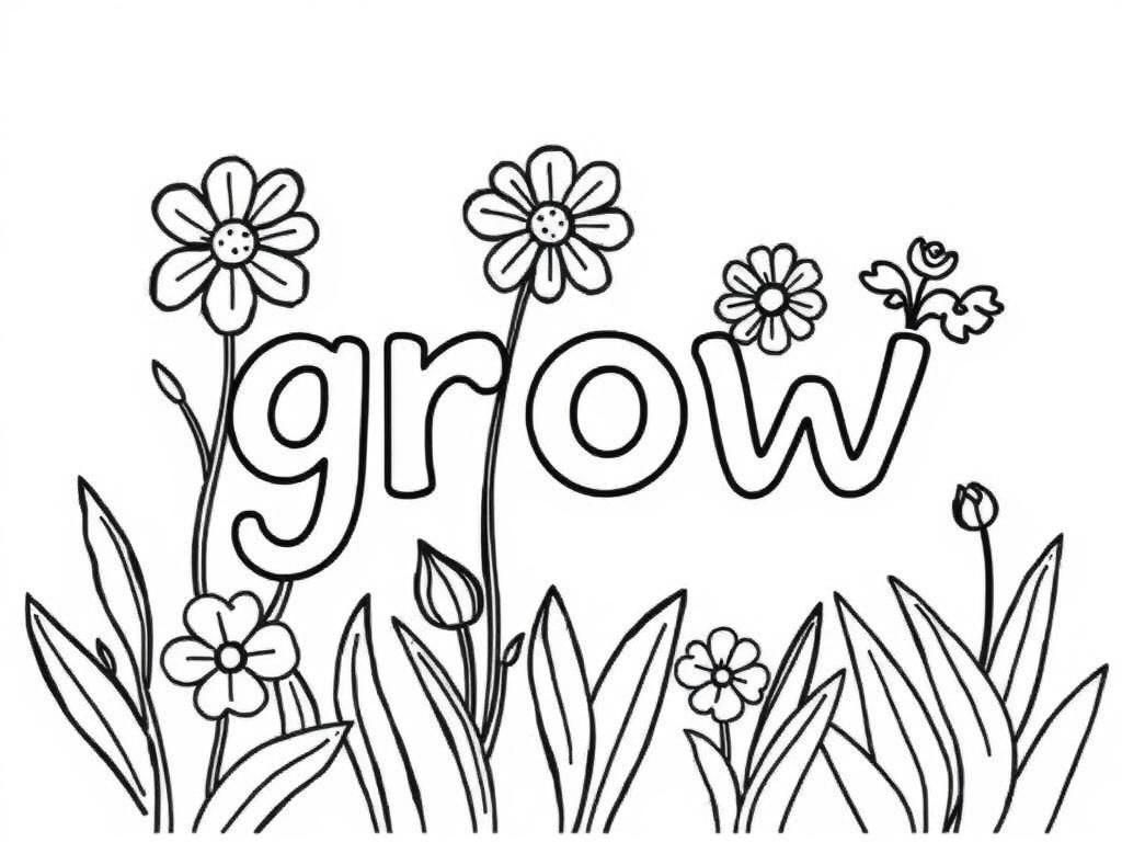 The word “grow” with flowers growing around it