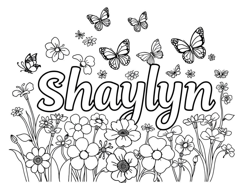 the words shaylyn but surrounded by a flowers and butterflies - Free Printable Coloring Page