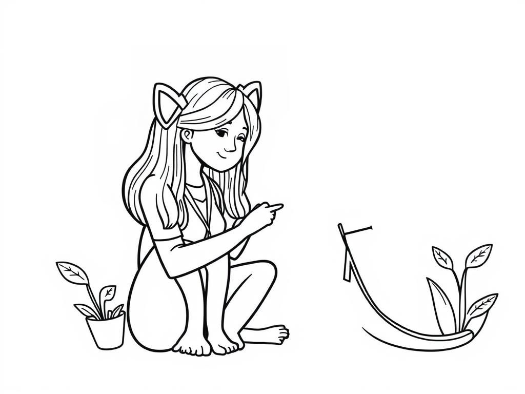 Coloring Page of a Girl with Cat Ears