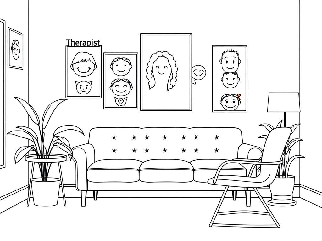 Therapist office with positive emotion posters, a couch, and a chair far away from couch