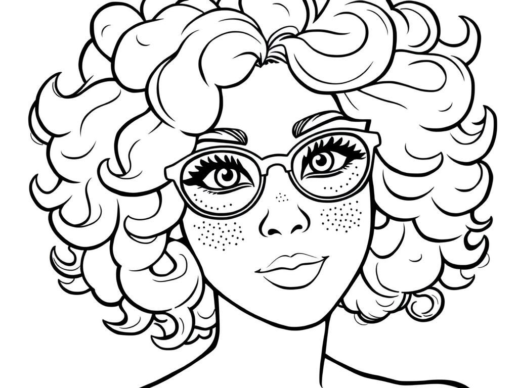 Woman with Curly Hair and Glasses Portrait Coloring Page
