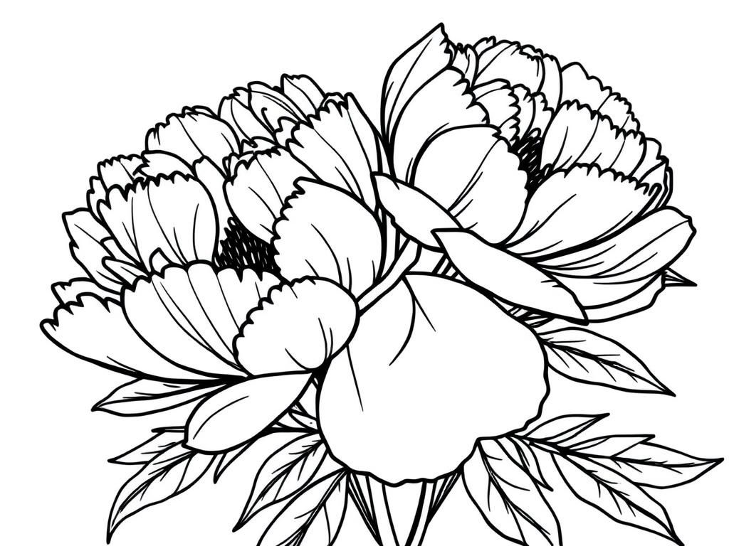 Peony Coloring Page - Delicate Flowers and Leaves