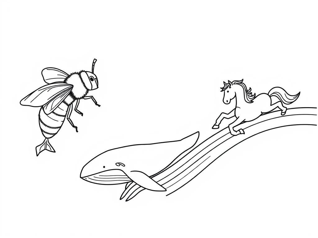three bumblebee, a sperm whale, and a horse sliding down a rainbow