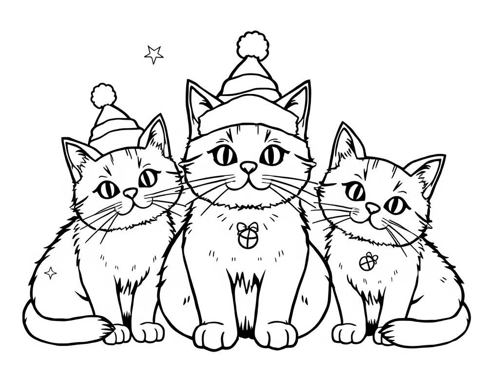 Cats in Santa Hats Coloring Page