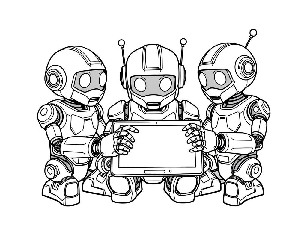 Robots Holding Tablet Coloring Page