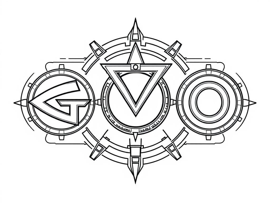 three high tech futureistic with the gamma and the Omni and the omega symbol