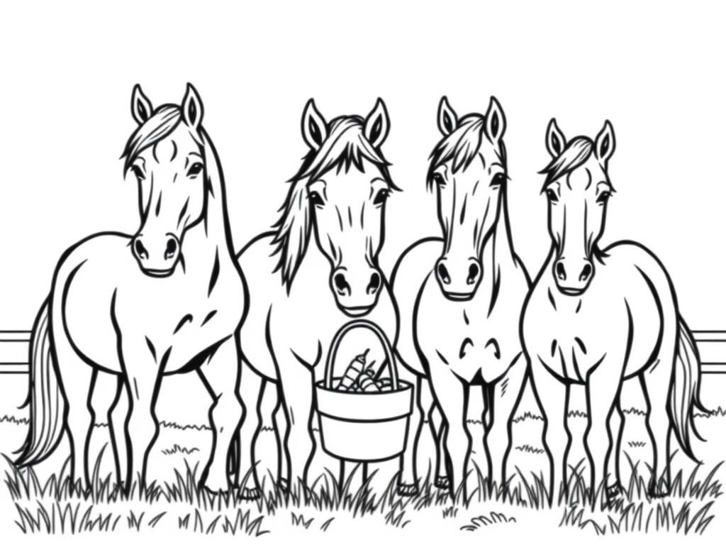 Preview of three horses, one chunky cob and two racehorses, happy in a field with a bucket of carrots