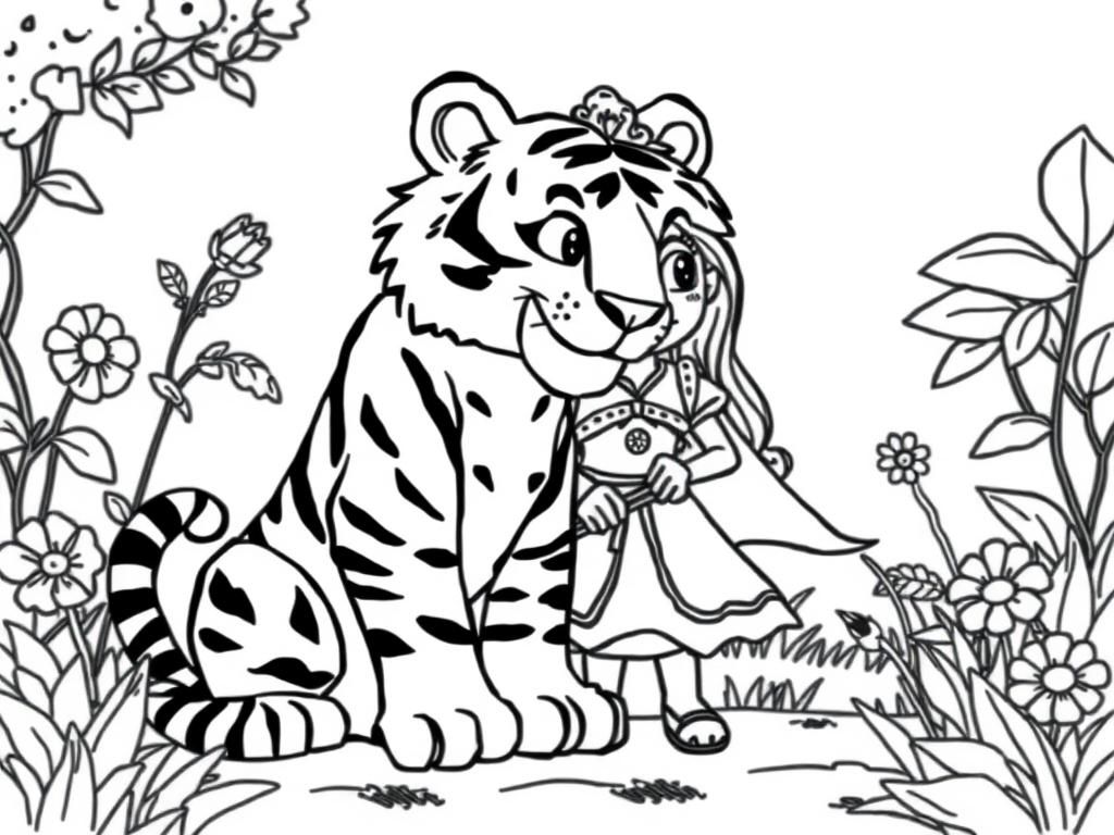 Tiger and brave princess playing in the garden