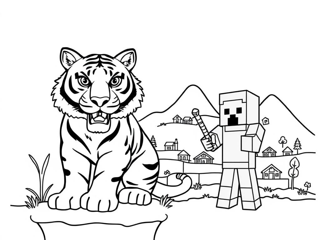 tiger and character from minecraft with hills and houses - Free Printable Coloring Page