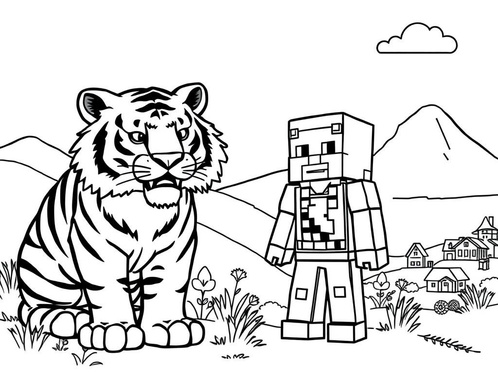 Tiger and Minecraft Character Coloring Page