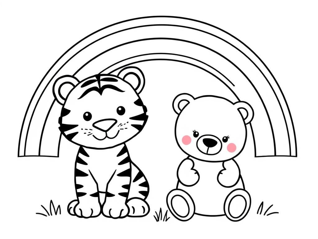 Preview of tiger and sweet little bear with a rainbow  with 6 stripes in the background