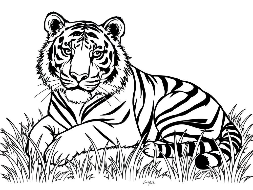 Tiger in the Grass Coloring Page