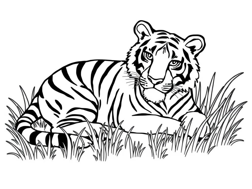 Tiger in the Grass Coloring Page