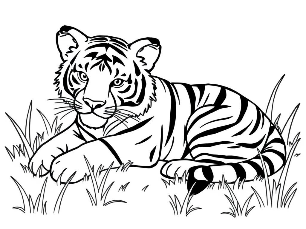 Tiger in the Grass Coloring Page