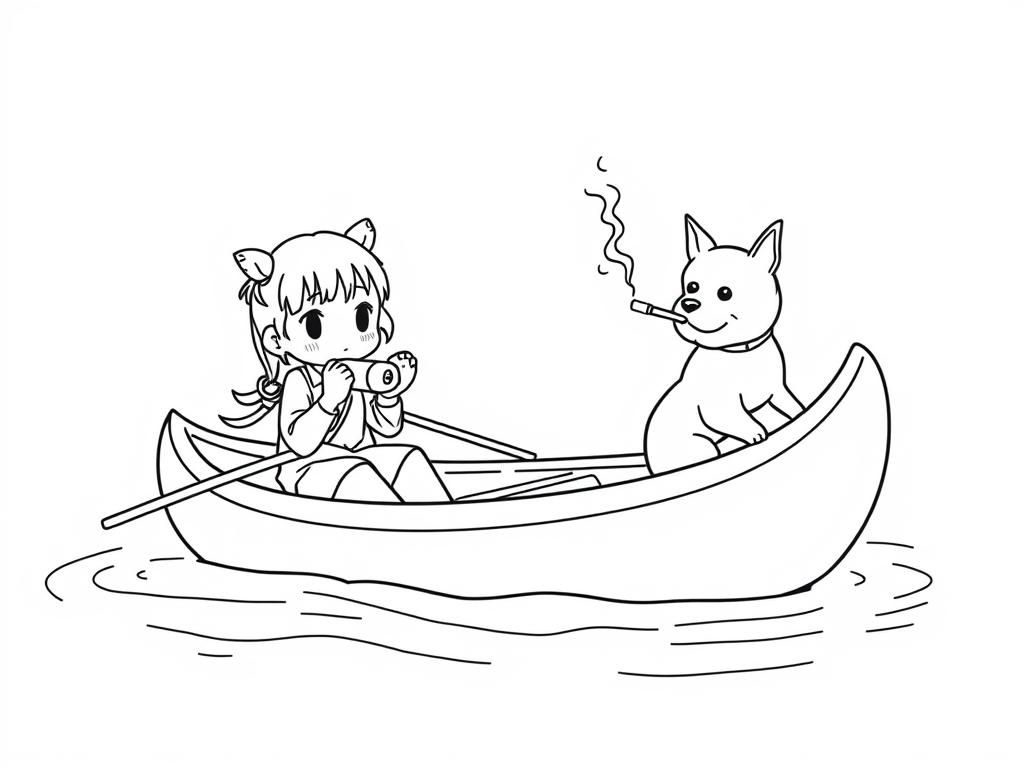 tiny japanese girl eating collar sausages on a canoe with a small brown dog smoking a cigarette butt  on big canoe and  looking both at right