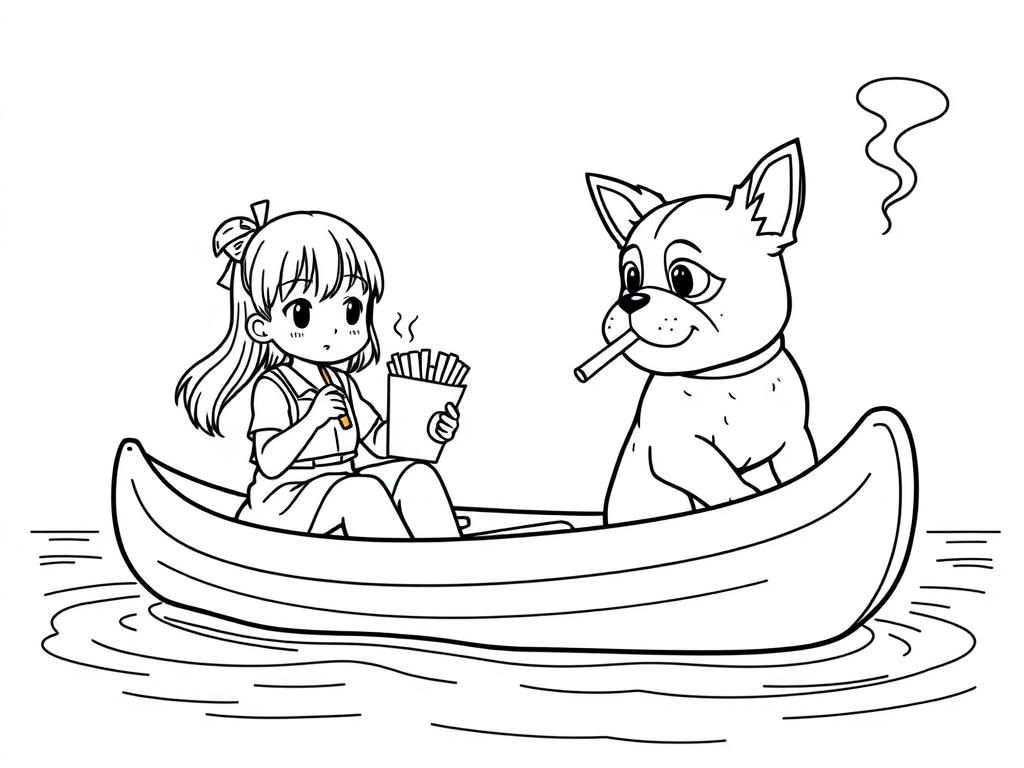 tiny japanese girl eating french fries on a canoe with a small brown dog smoking a cigarette butt  on big canoe and  looking both at right