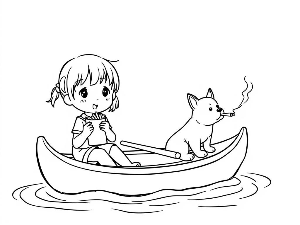 tiny japanese girl eating french fries on a canoe with a small brown dog smoking a cigarette butt  on big canoe and  looking both at right