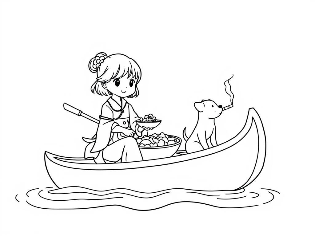 tiny japanese girl eating paella on a canoe with a small brown dog smoking a cigarette butt  on big canoe and  looking both at right