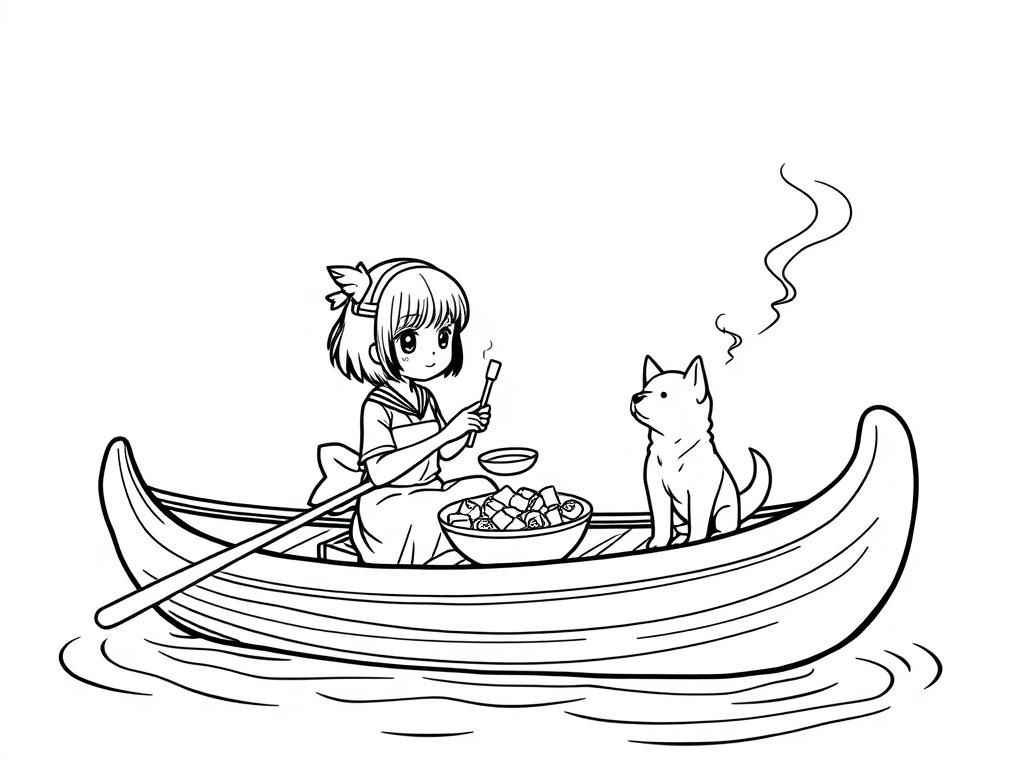 tiny japanese girl eating paella on a canoe with a small brown dog smoking a cigarette butt  on big canoe and  looking both at right