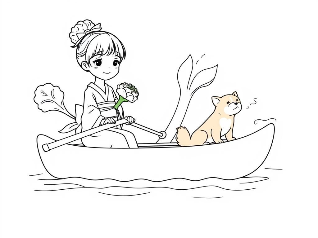 tiny japanese girl with giant brocoli on a canoe with a small brown dog smoking a cigarette butt  on big canoe and  looking both at right