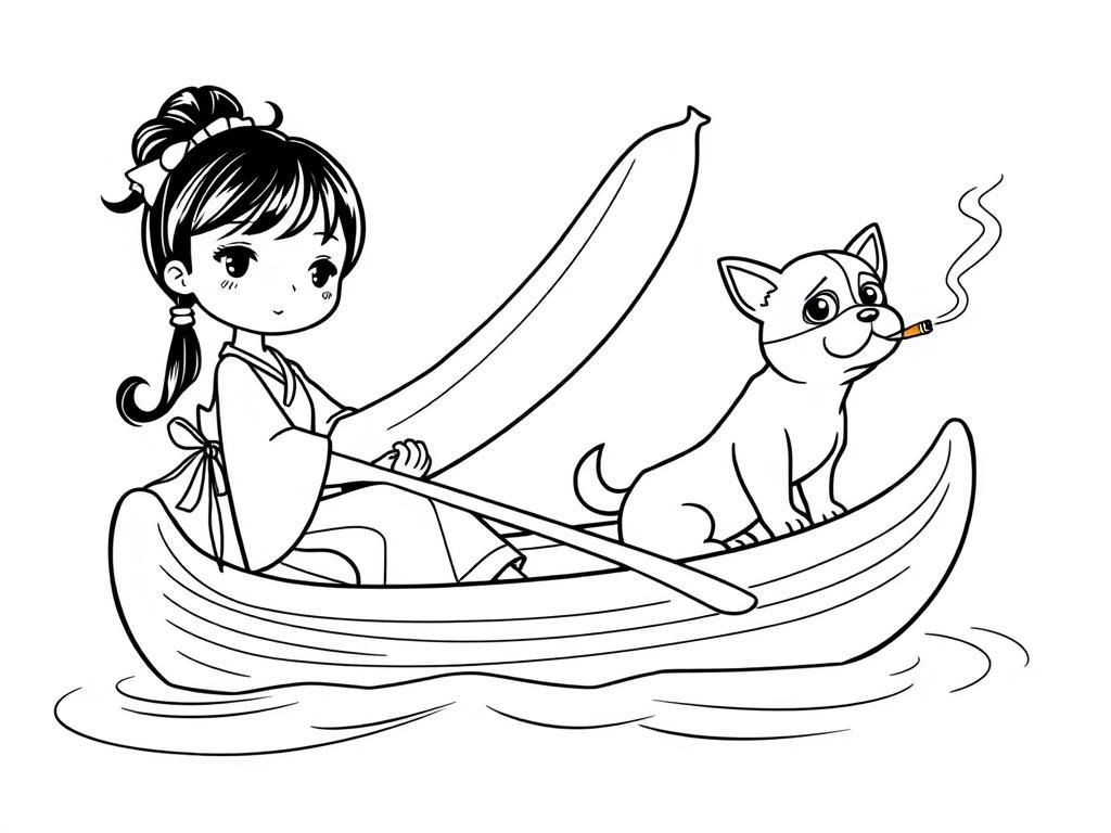 tiny japanese girl with giant chorizo on a canoe with a small brown dog smoking a cigarette butt  on big canoe and  looking both at right