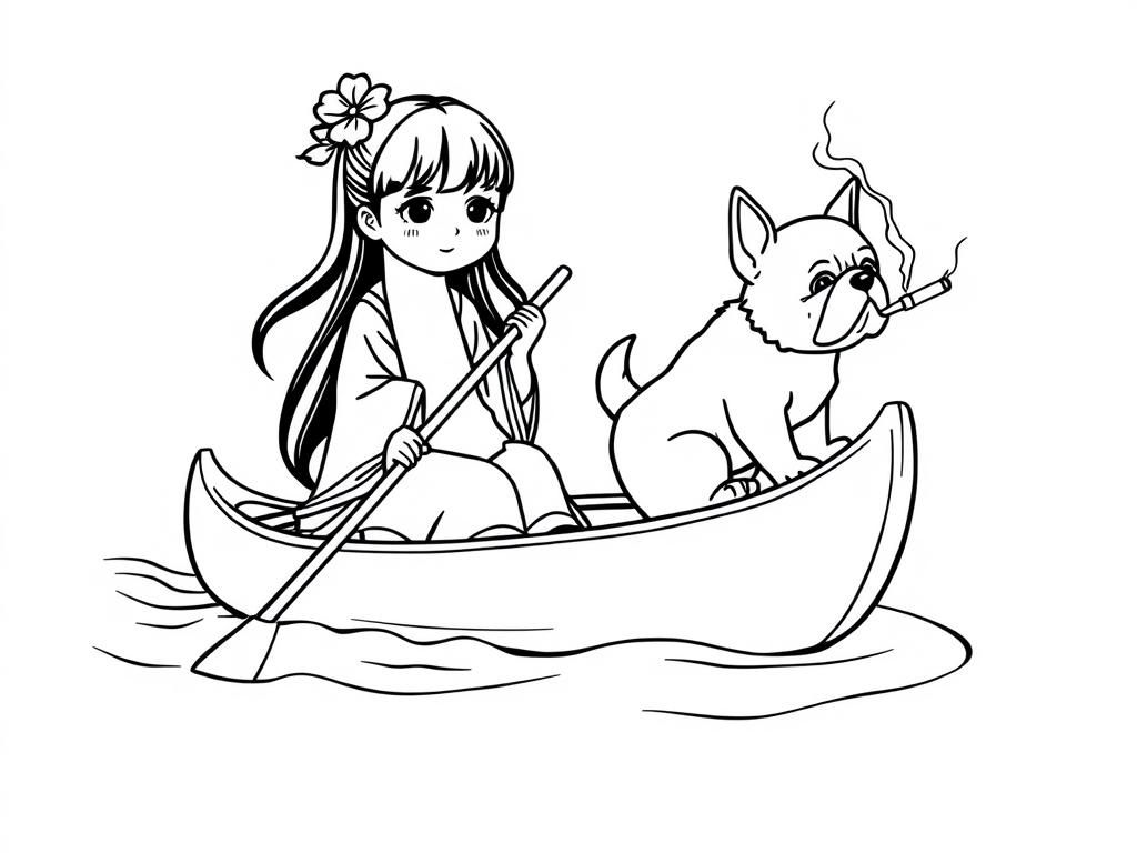 tiny japanese girl with giant chorizo on a canoe with a small brown dog smoking a cigarette butt  on big canoe and  looking both at right