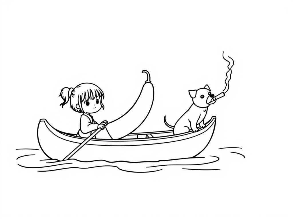 tiny japanese girl with giant chorizo on a canoe with a small brown dog smoking a cigarette butt  on big canoe and  looking both at right