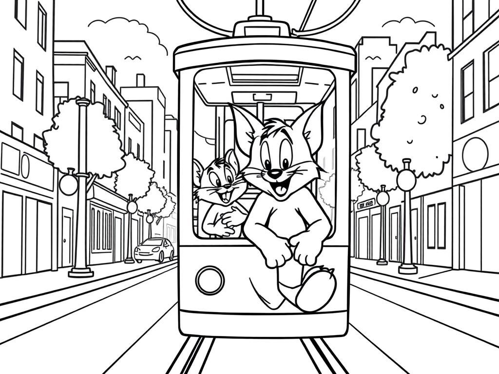 Tom and Jerry Trolley Ride Coloring Page