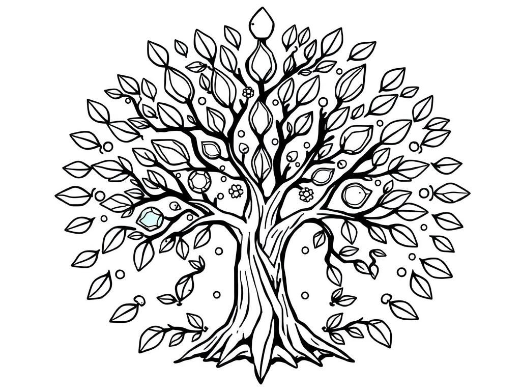 tree and nature mandala with gemstones, leaves, flowers, moons and stars - Free Printable Coloring Page