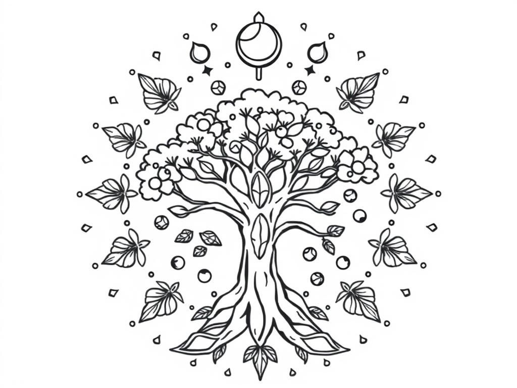 Tree Coloring Page with Flowers and Butterflies