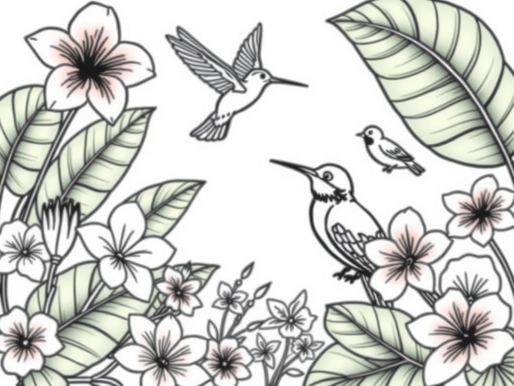 Tropical Delight: Hummingbirds & Floral Arrangement Coloring Page