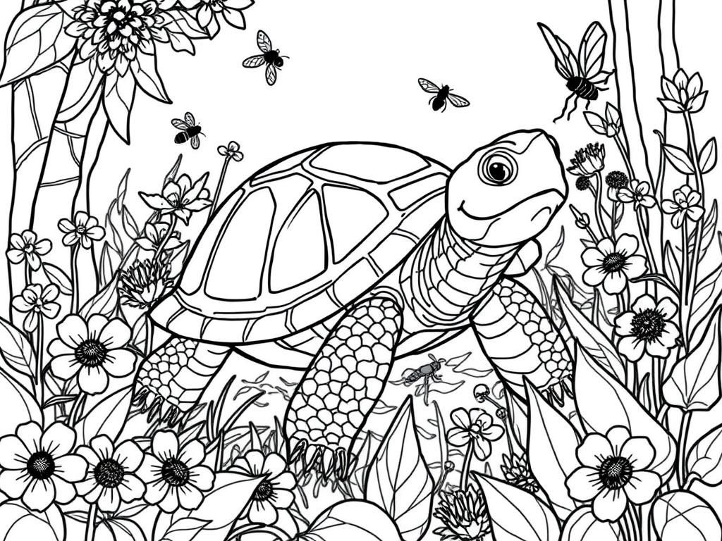 Turtle in Garden Coloring Page