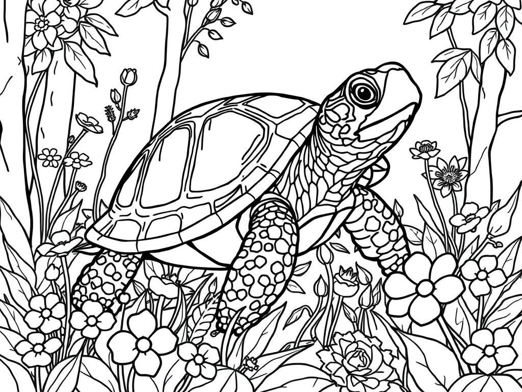Turtle in Garden Coloring Page