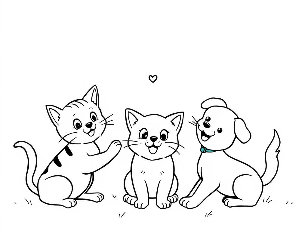 two cats and two dogs playing - Free Printable Coloring Page
