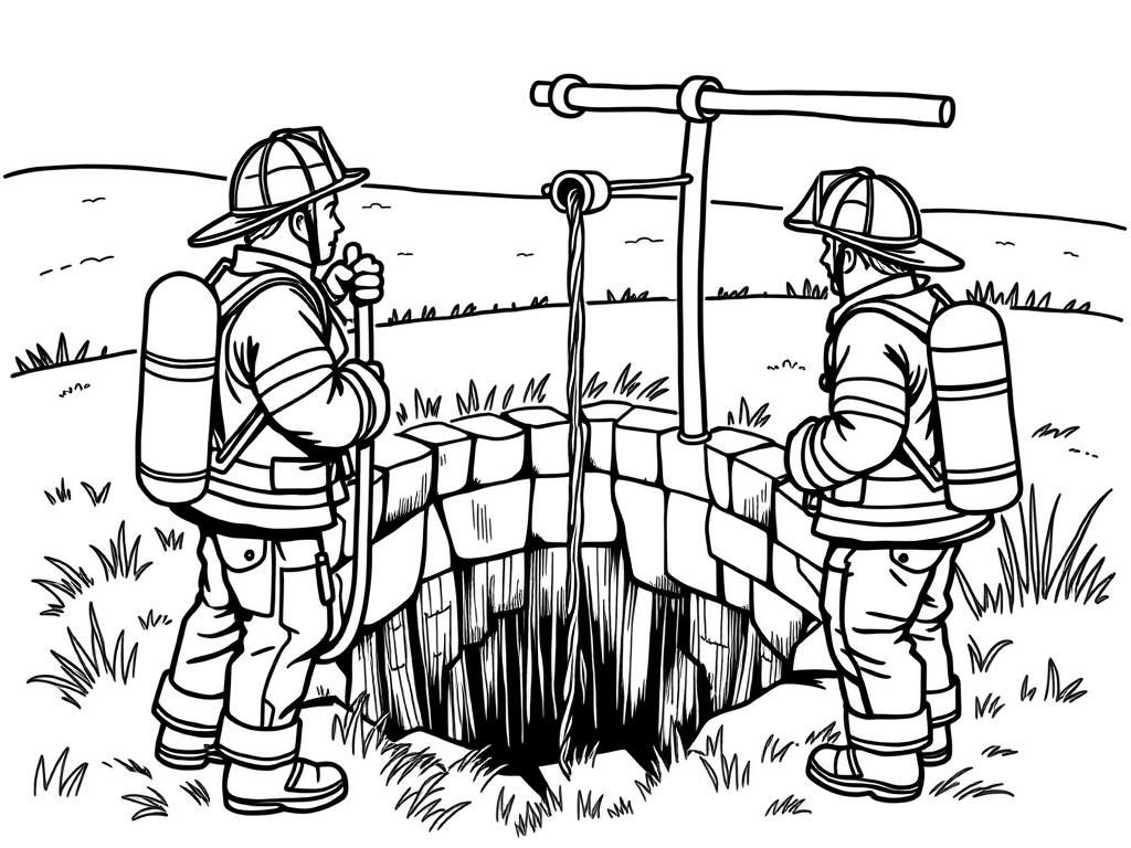 Preview of Two fireman, one carrying rope, looking down a very deep well in the middle of a meadow