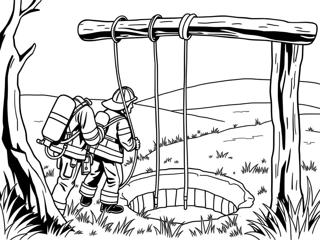 Preview of Two fireman, one carrying rope, looking down a very deep well in the middle of a meadow