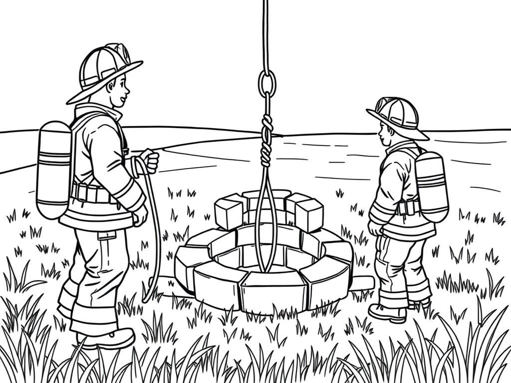 Preview of Two fireman, one carrying rope, looking down a very deep well in the middle of a meadow