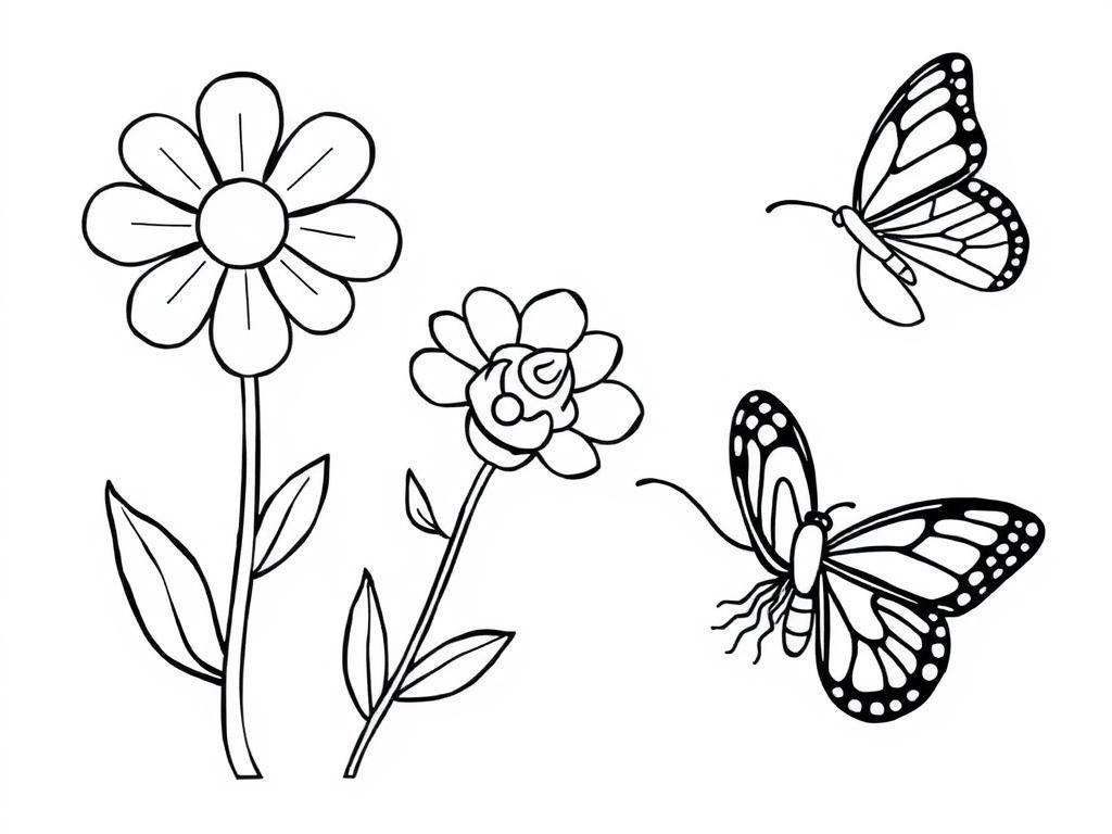 Coloring Page of Flowers and Butterflies
