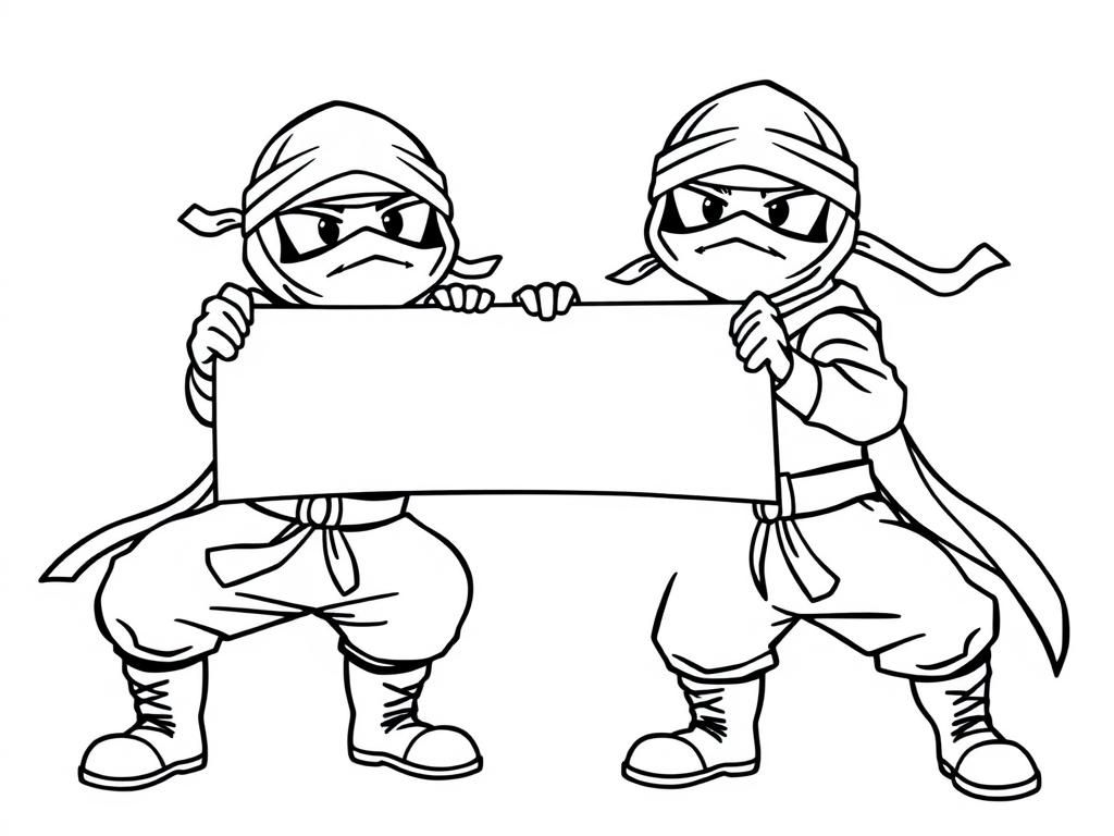 two grown up ninjas with boots holding a blank banner - Free Printable Coloring Page