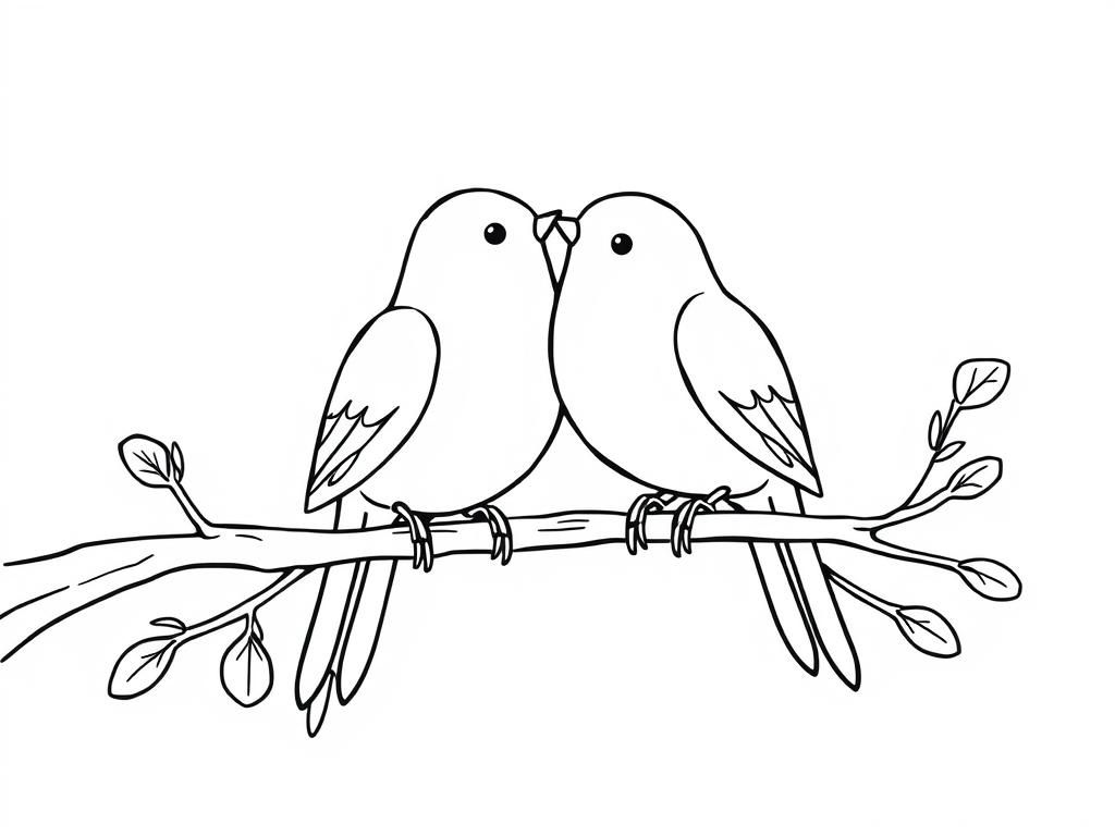 Two lovebirds perched on a branch, forming a heart shape with their tails in this Valentines Day coloring page - Valentines Day Coloring Page