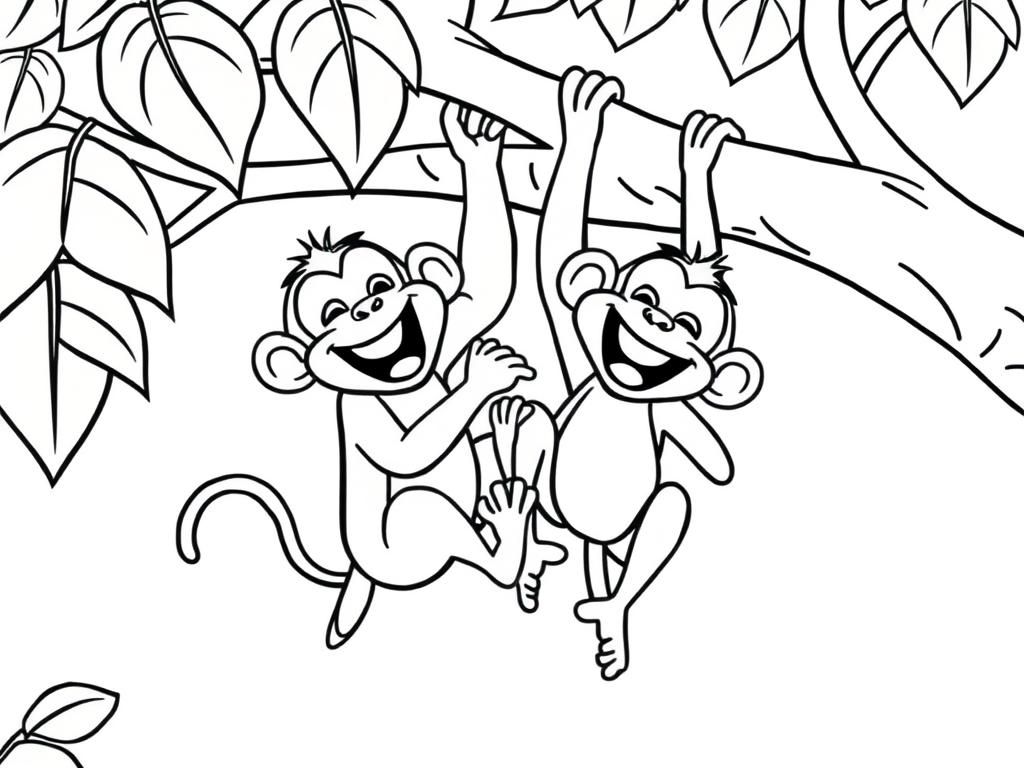 Preview of Two monkeys laughing, hanging from a tree, making trouble