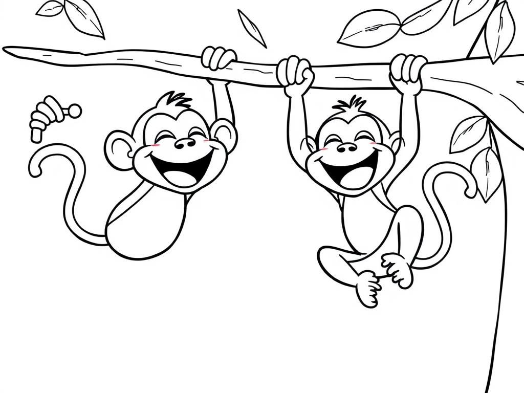 Preview of Two monkeys laughing, hanging from a tree, one eating a banana