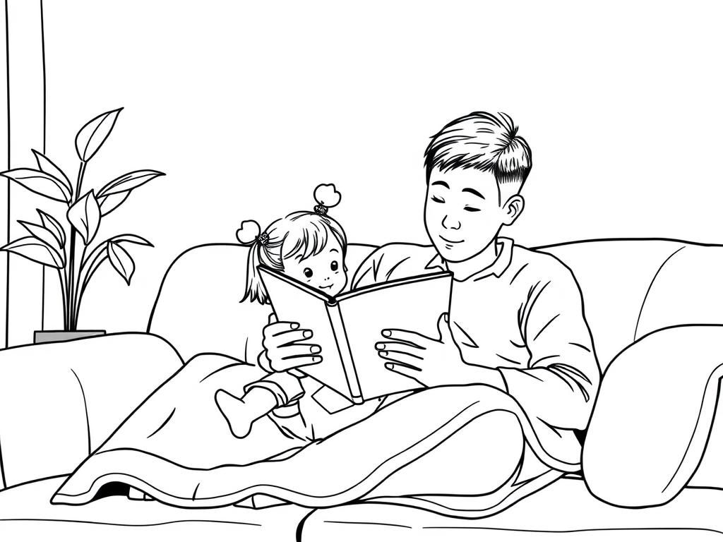 Preview of Two people: Asian father and his two year old daughter sitting on a couch under a blanket while reading a book
