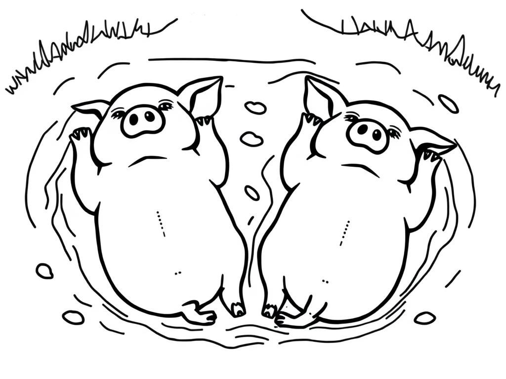 two pigs in the mud lying on their backs facing the page