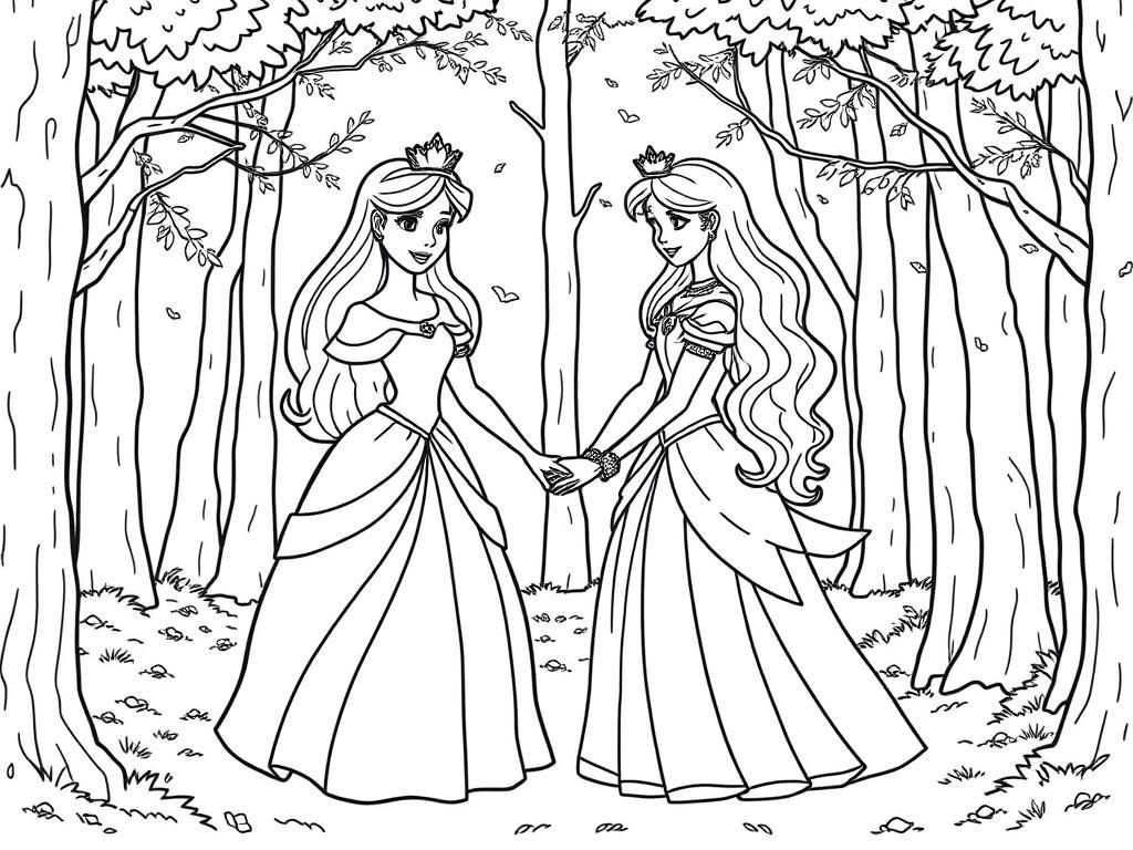 two princesses holding hands in the woods