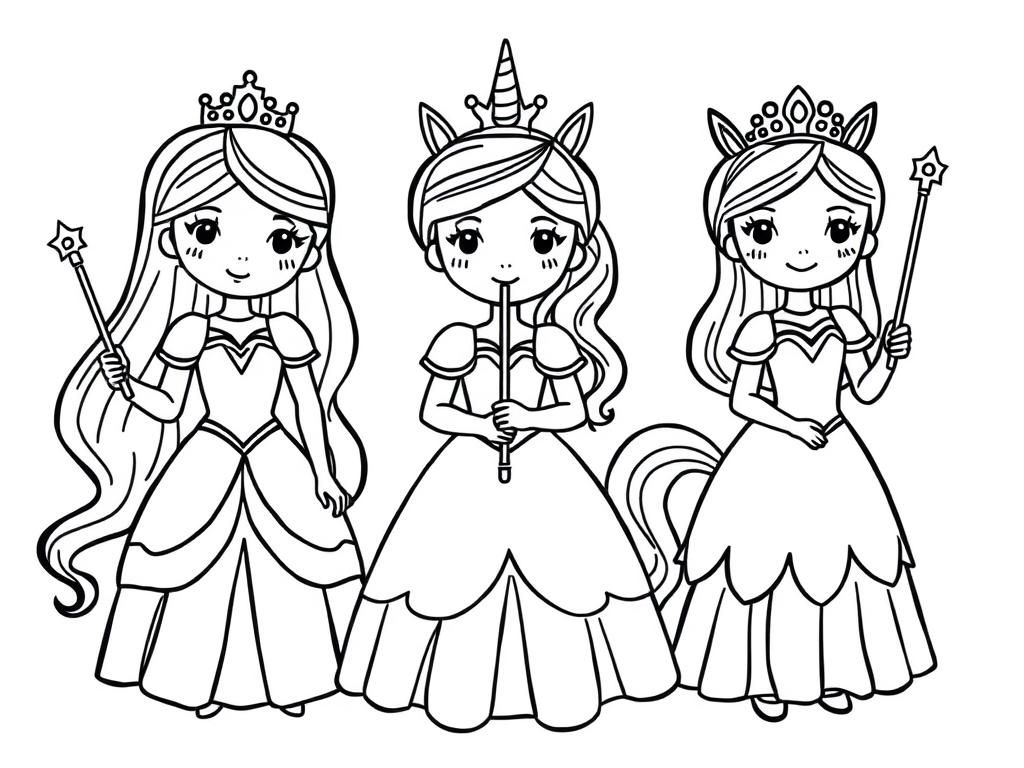 two princesses with wands and a unicorn